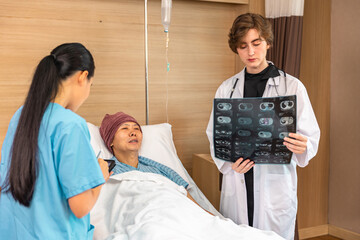 Asian man cancer patient visiting young female doctor for medical consultation in clinic. male patient struggling with cancer, healthcare. Medicine concept.Female doctor explaining xray to patient.