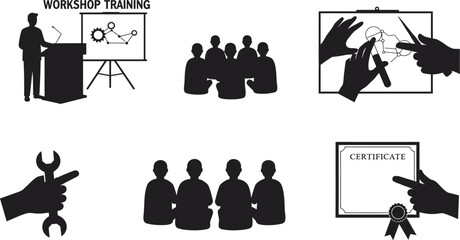 Workshop training certificate teamwork presentation skills development group meeting engineering editable stock vector illustration
