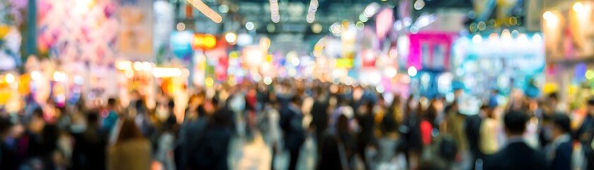Blurry view of a bustling crowd in a market.