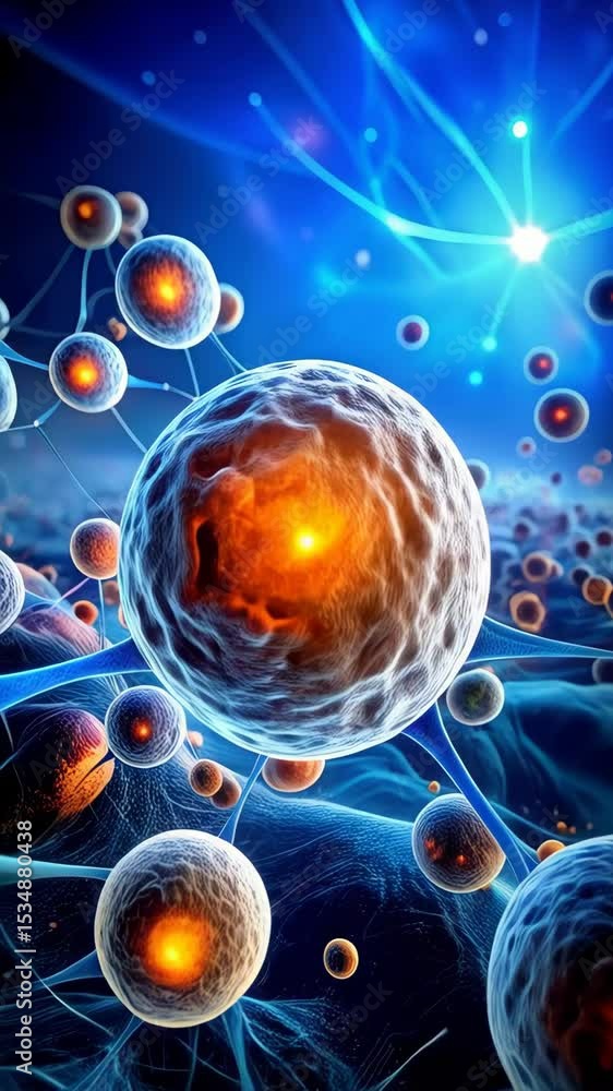 Poster microscopic cells connected by thin links float in a blue, luminous environment representing scienti