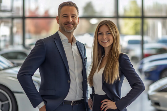 Two professional car salesmen, a confident man and a woman, wearing formal business suits, standing inside a modern car showroom,