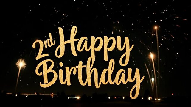 Elegant Happy Birthday Greeting Card Design featuring shimmering golden glitter text particles on a sophisticated background perfect for second birthday celebrations