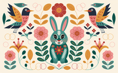 Obraz premium Mexican Otomi Embroidery, Whimsical Illustration of a Teal Bunny Birds and Floral Elements.