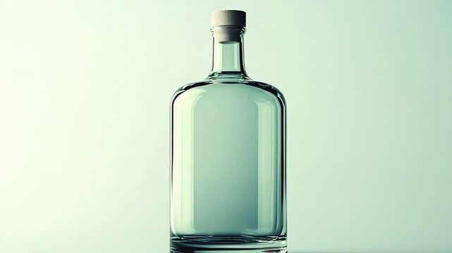 A clear glass bottle stands upright against a soft, light-colored background, symbolizing purity