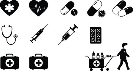 Medical icons vector set with syringe, pills, nurse, stethoscope, heart, emergency kit, healthcare trolley, medicine, hospital tools illustration
