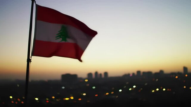 The Lebanese Flag Waving at Sunset