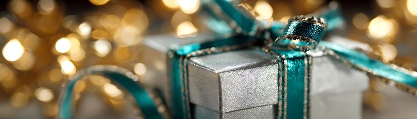 Silver gift box with teal ribbon.
