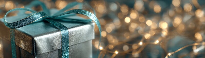 Teal ribbon adorns a metallic gift box.