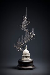 Abstract sculpture of a capitol building with interconnected lines and spheres.