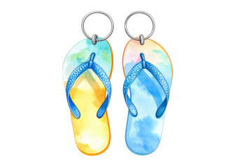Two vibrant watercolor flip flop keychains, one yellow and one blue, perfect for summer vacation themes or travel accessories.