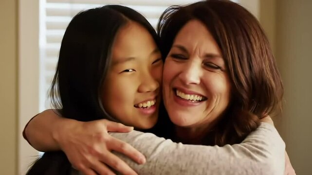 Adopted Asian teenage girl hugs her Caucasian stepmother lovingly as she announces the good news, then smiles happily. Loving and sharing time with a multicultural family.