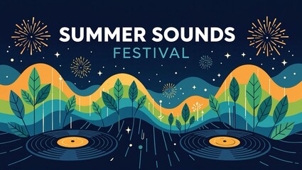 Obraz premium Outdoor Music Festival - Dynamic summer festival banner featuring waveforms, leaves, sun rays, and subtle fireworks in a vibrant design.