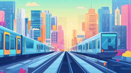 Fototapeta premium Vibrant Urban Landscape with Modern Trains and Skyscrapers at Sunrise in a Colorful City Environment