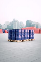 Industrial barrels stacked on a pallet, cityscape background
