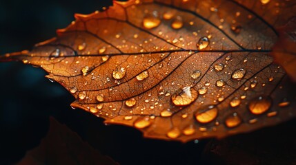 Fototapeta premium Close-up view of a fallen leaf covered in water droplets.