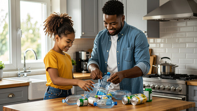Black father and daughter removing labels for recycling water plastic bottles. Sustainable living.