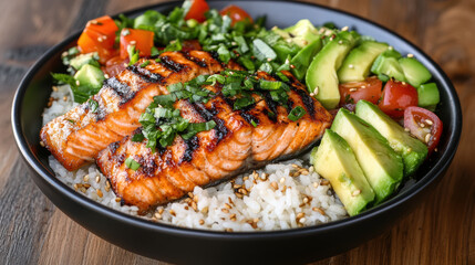 Grilled salmon with avocado, rice, and fresh vegetables creates vibrant and healthy meal