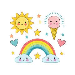 Fototapeta premium Cute cartoon rainbow with smiling sun, heart, clouds, and stars. Colorful and cheerful vector illustration for kids, nursery decor, or happy weather-themed designs