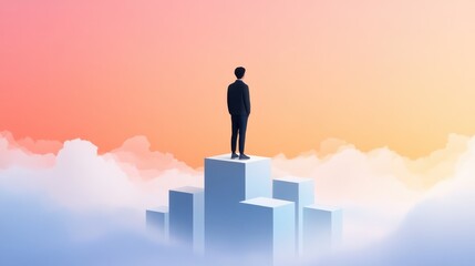 A person stands atop tall blocks above the clouds, gazing at a colorful sky, symbolizing ambition and achievement.