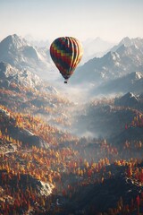 Colorful hot air balloon over a mountain valley in autumn.