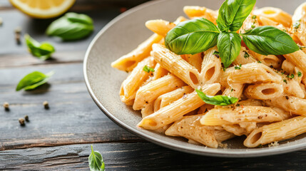 Creamy pasta with fresh basil and lemon zest on rustic wooden table