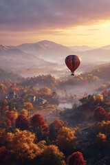 Autumnal valley with hot air balloon.