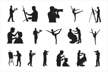 Creative Workers Silhouette Icon Set – Black and White Vector People Professions