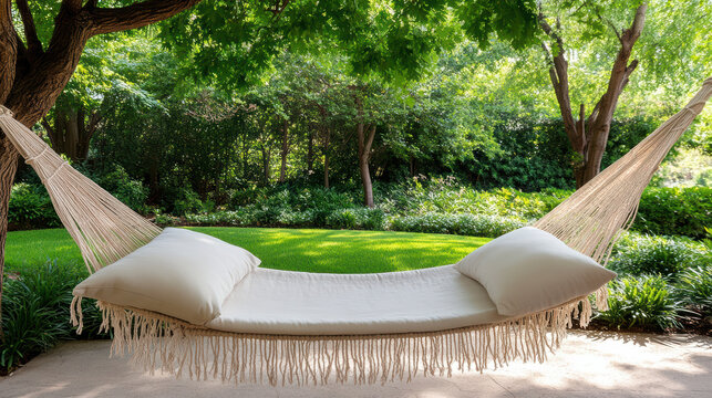 Serene hammock sways gently under lush green trees, inviting relaxation in peaceful backyard