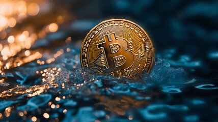 Golden Bitcoin coin partially submerged in water, illuminated with glowing light, symbolizing cryptocurrency and digital finance concepts