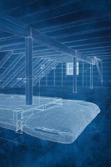 Detailed blueprint of a warehouse interior with support structure and storage.