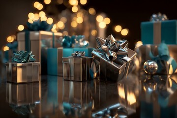 Festive gift boxes with teal ribbons and metallic finish.