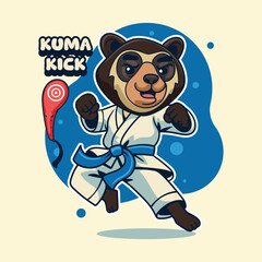 Cute cartoon Spectacled Bear in martial arts poses wearing karate uniforms. Fun and dynamic illustration perfect for kids, sports, and character design themes