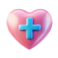 Obraz premium Glossy Pink Heart Icon with Blue Medical Cross Symbol for Healthcare and First Aid Concepts isolated on transparent white background, clipping path