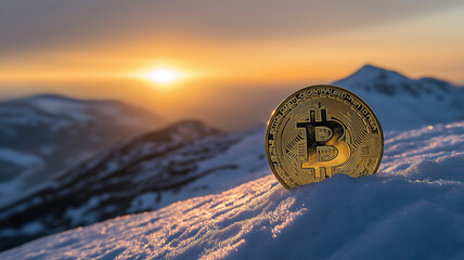 Golden Bitcoin coin standing on snowy mountain with vibrant sunset in background, symbolizing cryptocurrency and nature beauty