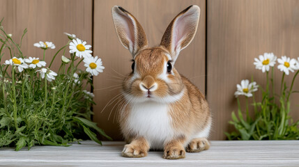 Fluffy rabbit sitting among daisies in serene garden setting, radiating charm and tranquility