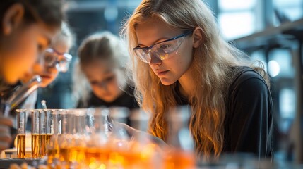 Action shot of teacher guiding student through hand science experiment demonstrating scientific method Capture active engagement of student teacher explanation of each step well lit natural