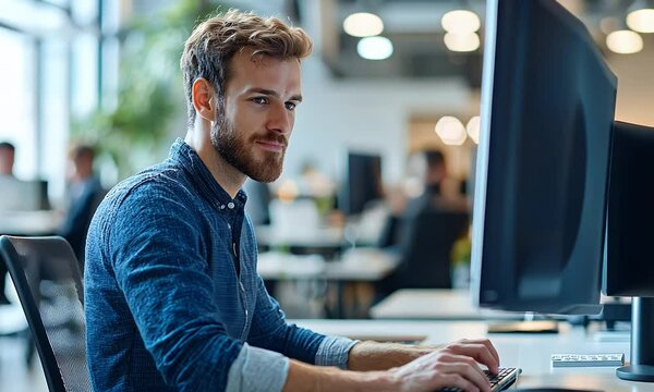 Focused Light Skinned Man Types at Computer in Bright Modern Open Office Wearing Denim Shirt