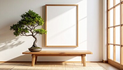 Wooden frame mockup on side table next to bonsai Japanese interior