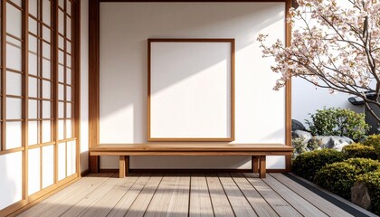 Wooden frame mockup on bench in minimalist Japanese genkan