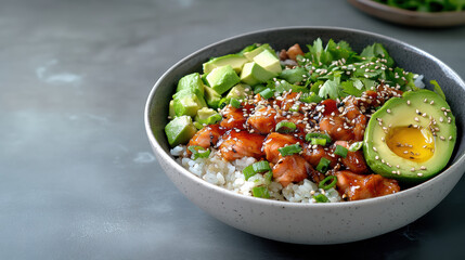 Delicious rice bowl with soy glazed salmon, avocado, and fresh greens