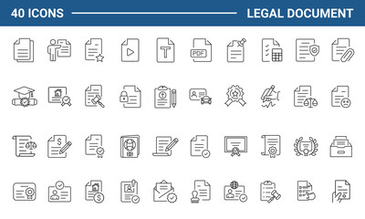 Legal documents set of web icons in line style. Document linear icons collection. Containing passport, contract, agreement, ID card, certificate, license, law, justice. Editable stroke