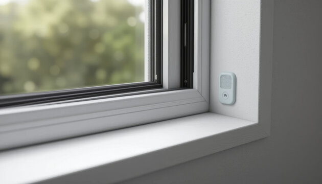 small white sensor is mounted window frame, designed for home security. window is partially open, revealing blurred view of greenery outside. scene conveys sense of safety and modern technology