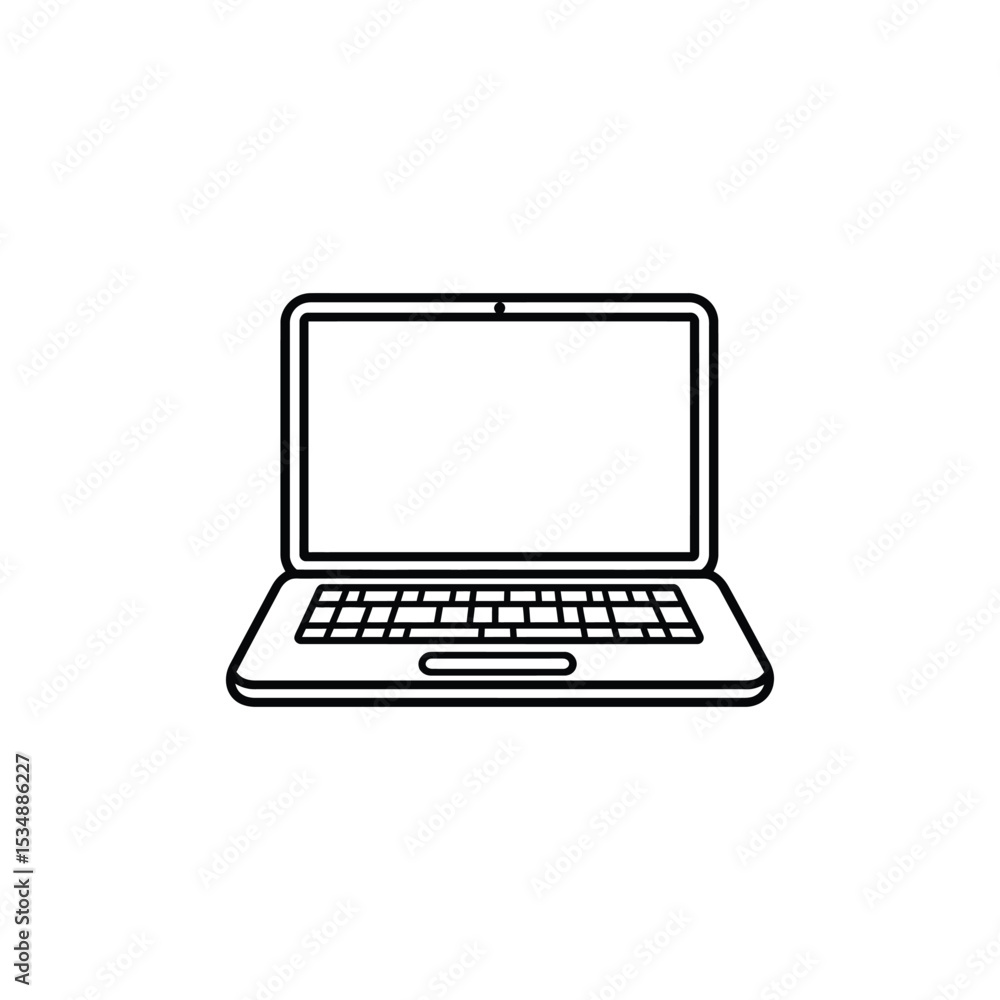 Poster outlined laptop with blank screen and keyboard on white background minimalist design