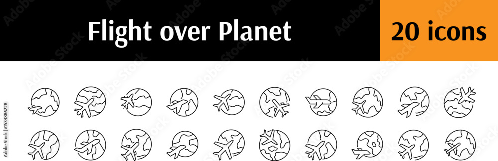 Poster airplane flying over planet simple isolated line icons collection. editable stroke. perfect for web 