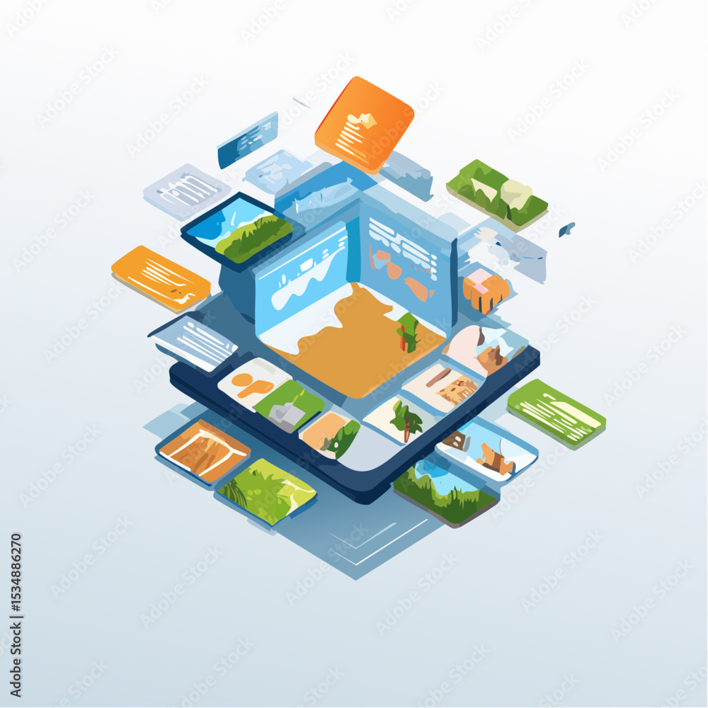 Poster isometric illustration of a user interface concept with data visualization and landscape images