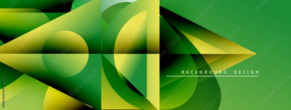 Poster Abstract geometric shapes, vibrant green hues, dynamic composition. Modern design elements create visual interest, sleek presentation.