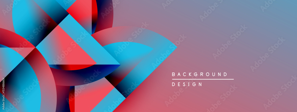 Poster abstract geometric shapes overlap, creating vibrant red, blue gradients. background transitions from