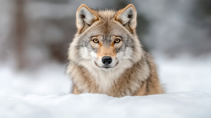 Naklejka premium Majestic wolf standing alert in snowy landscape, showcasing its striking features and fur