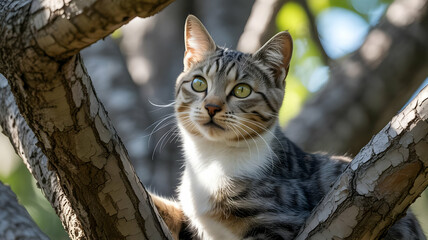 A tabby cat perched comfortably in the branches of a tree looking up with a curious expression on its face