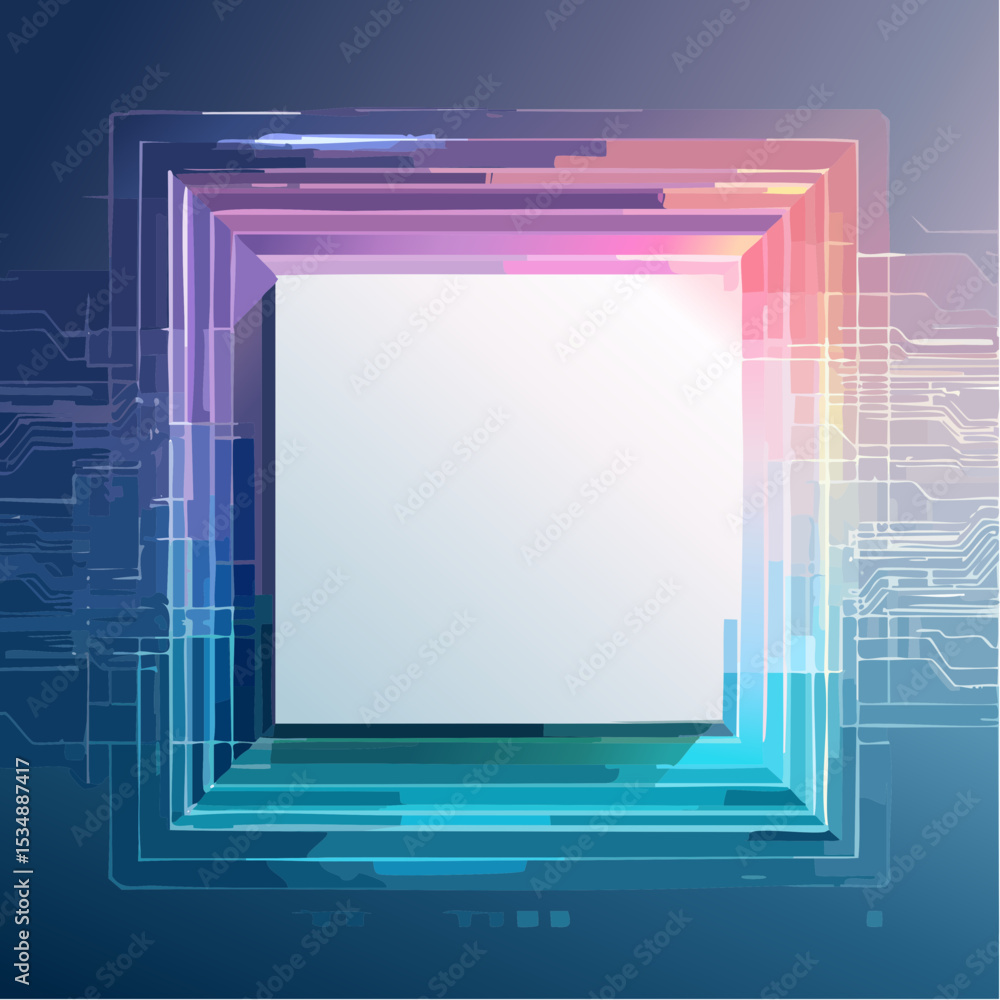 Poster abstract digital design with a glowing square and circuit board lines background